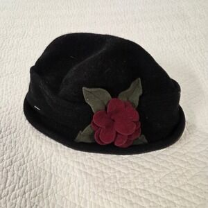 Parkhurst Black Wool Felt Hat with Burgundy Flower Applique Vintage Style Beret